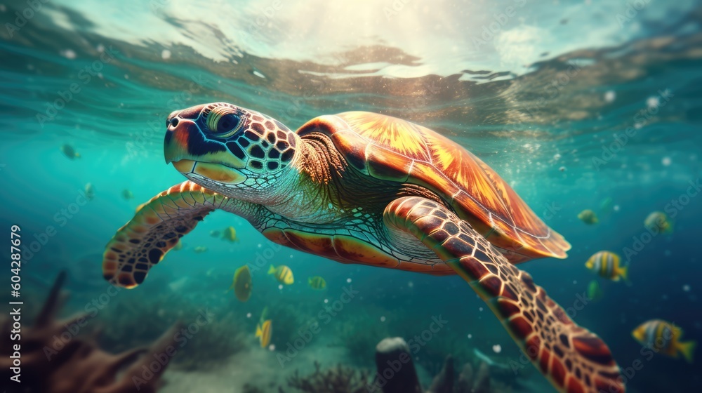 Fototapeta premium Sea turtle swimming in the Ocean, Digital Illustration, Concept Art, Generative AI