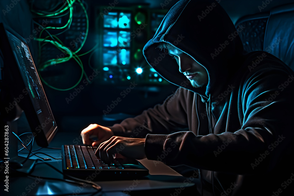 Hacker and cyber security concept. Hooded hacker at work. Created with generative AI technology. Hacker and cyber security concept. Hooded hacker at work. Created with generative AI technology.