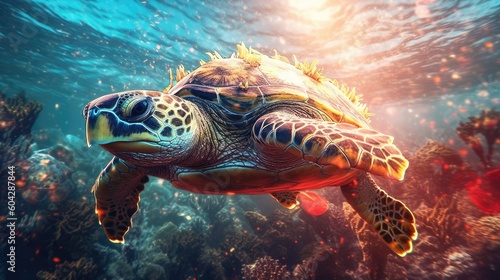 Sea turtle swimming in the Ocean, Digital Illustration, Concept Art, Generative AI © Badger