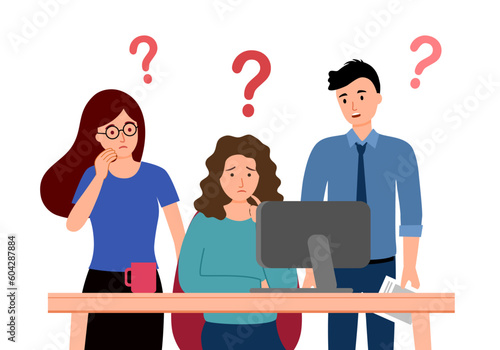 Confused businesspeople with question mark concept vector illustration. Working problem.