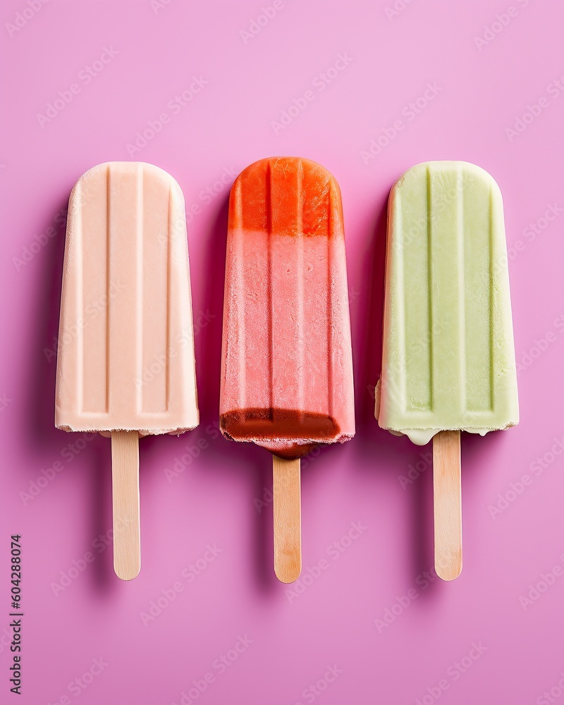 Neat pattern of three colorful popsicles on pastel purple background. Refreshing summer food. Generated AI. Neat pattern of three colorful popsicles on pastel purple background. Refreshing summer food. Generated AI.