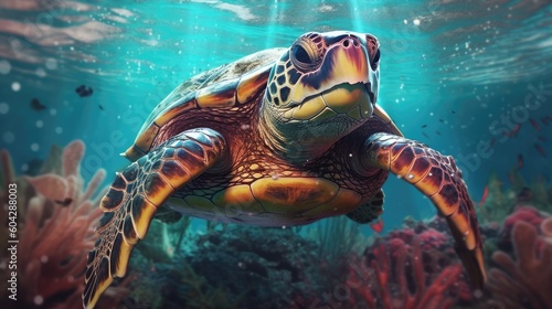 Sea turtle swimming in the Ocean, Digital Illustration, Concept Art, Generative AI