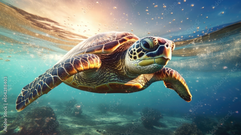 Obraz premium Sea turtle swimming in the Ocean, Digital Illustration, Concept Art, Generative AI