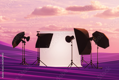 Photo studio with white cyclorama and modern lighting set in abstract landscape