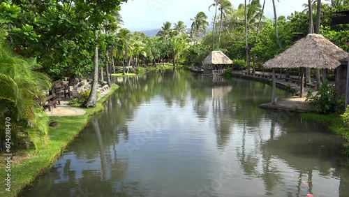 Water lagoon the Polynesian Cultural Center theme park. Laie, Oahu, Hawaii, USA