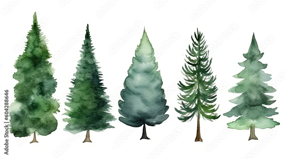 Obraz premium set of watercolor fir tree, generative ai