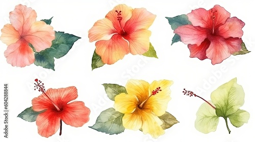 set of watercolor hibiscus, generative ai