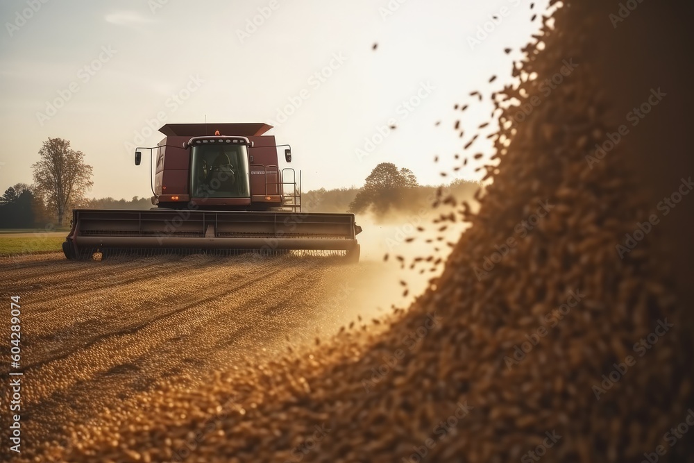 Harvesting. wheat, grain, tractor, combine harvester. A set of works at the final stage of farming. Harvested crops, fertility and family well-being. Harvesting mature produce and food. Generative AI Harvesting. wheat, grain, tractor, combine harvester. A set of works at the final stage of farming. Harvested crops, fertility and family well-being. Harvesting mature produce and food. Generative AI