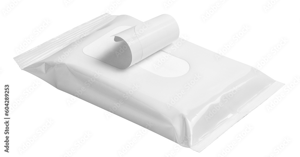 Open white wet wipes flow pack, cut out Open white wet wipes flow pack, cut out