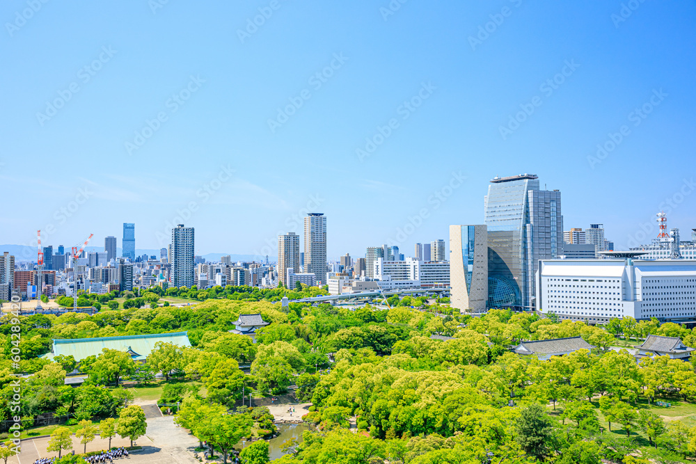 初夏の大阪城天守閣から見た景色 大阪府大阪市 Scenery seen from the Osaka Castle tower in early summer. Oosaka Pref, Oosaka City. 初夏の大阪城天守閣から見た景色 大阪府大阪市 Scenery seen from the Osaka Castle tower in early summer. Oosaka Pref, Oosaka City.