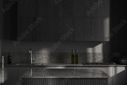Gray and wooden kitchen interior with island