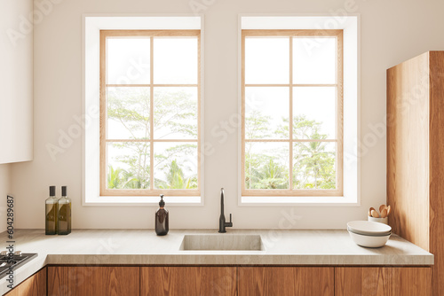 Beige kitchen interior with kitchenware  sink and panoramic window