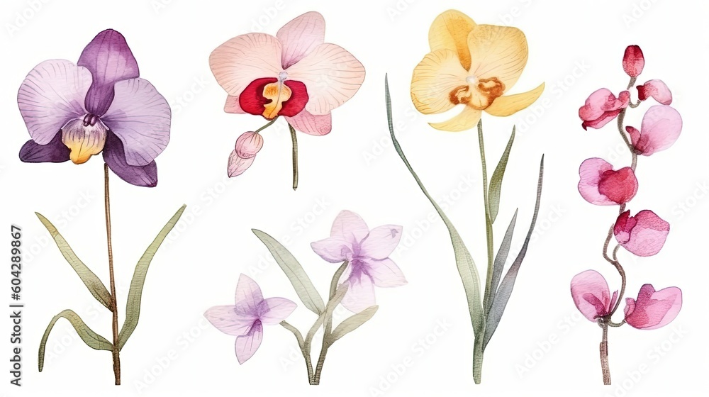 set of watercolor orchid flowers, generative ai