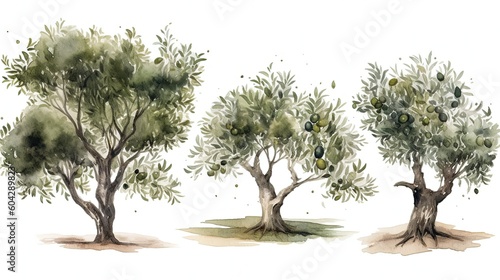 set of watercolor olive tree, generative ai