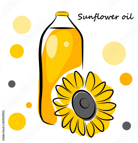 Sunflower oil in a bottle with a sunflower flower on a white background. Vector illustration in doodle style