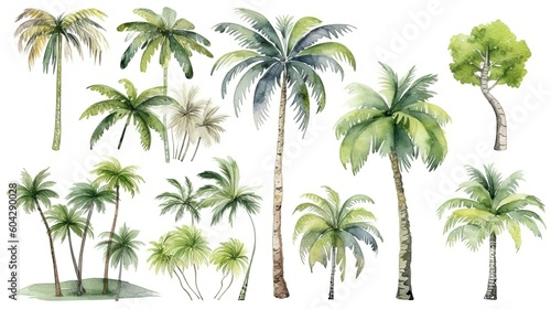 set of watercolor palm tree beach, generative ai