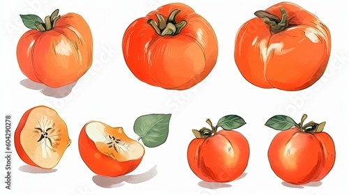set of watercolor persimmons, generative ai