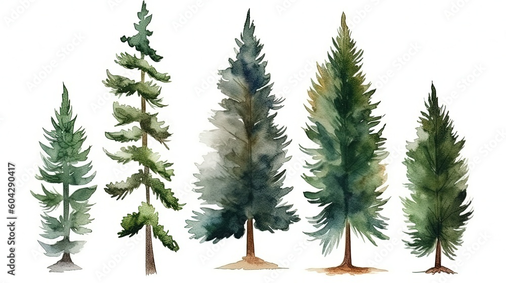 set of watercolor pine tree forest, generative ai