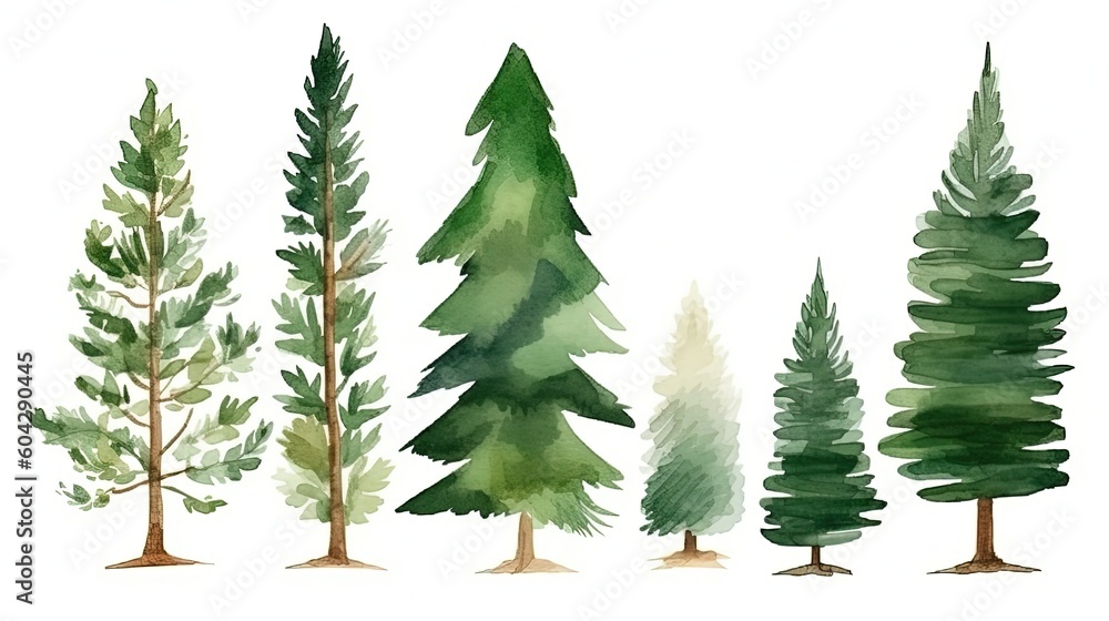 set of watercolor pine tree forest, generative ai - obrazy, fototapety, plakaty 