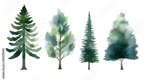 set of watercolor pine tree forest  generative ai