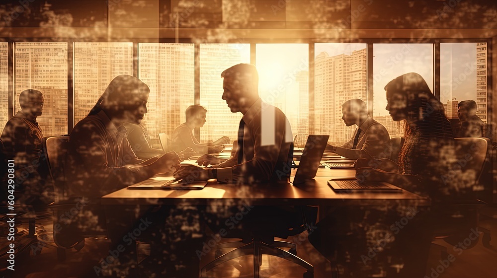 Silhouette of business people work together in office. Concept of teamwork and partnership. double exposure with light effects