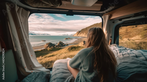 Serene View from Camper Van: Young Woman Admiring Beautiful Scenery, Embracing the Wanderlust, Generative AI