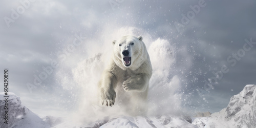 Energetic Polar Bear Leaping Towards Camera in Heroic Stance, Capturing a Moment of Bravery, Generative AI