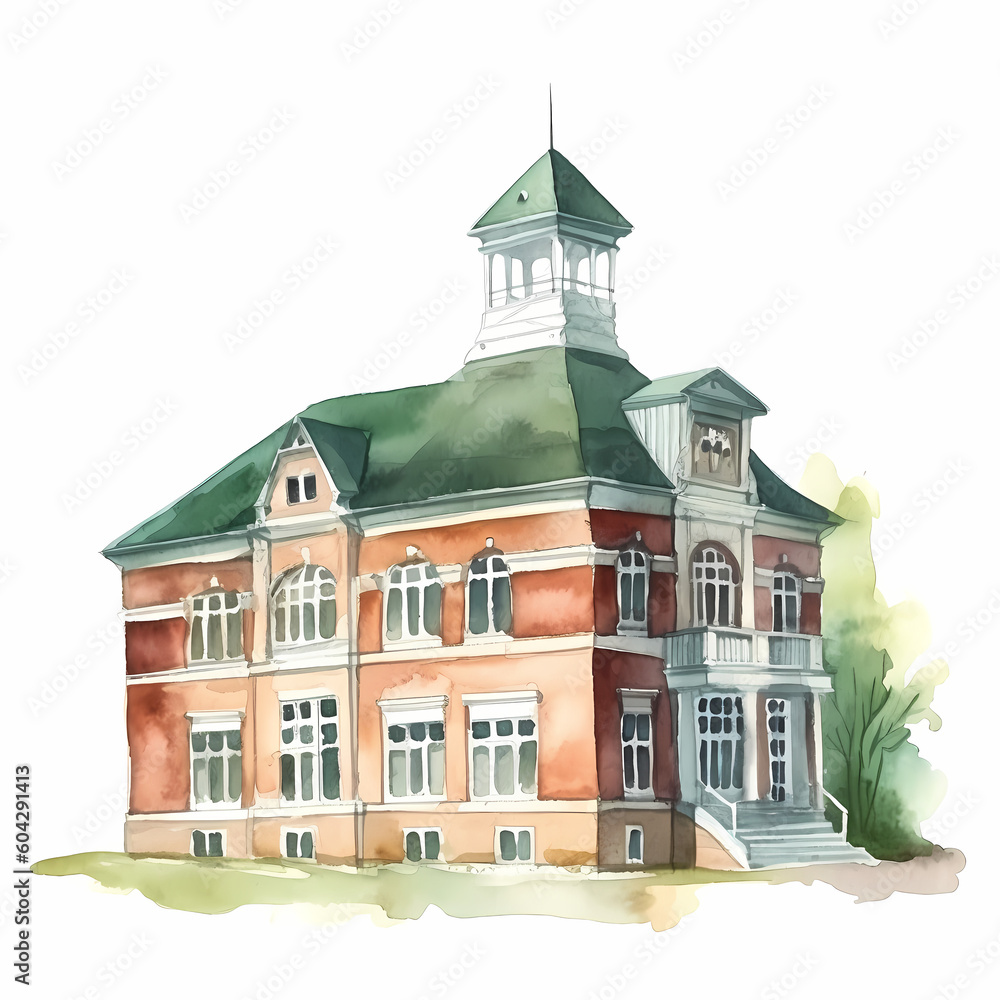 Nat Watercolor Illustration Of A School Building