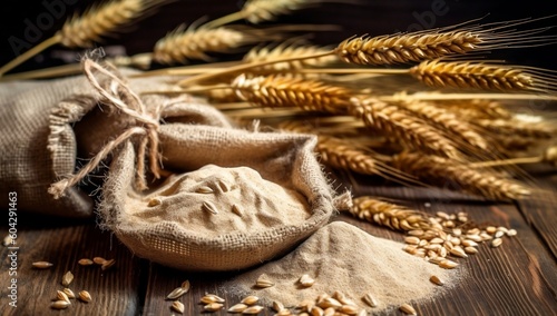 Organic Natural Whole Grain Flour in Sacks and wheat seeds Ears of wheat on an old wooden floor generative ai variation 2