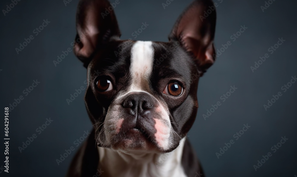 Boston Terrier on a black background, isolated, low key, central composition. Generative AI
