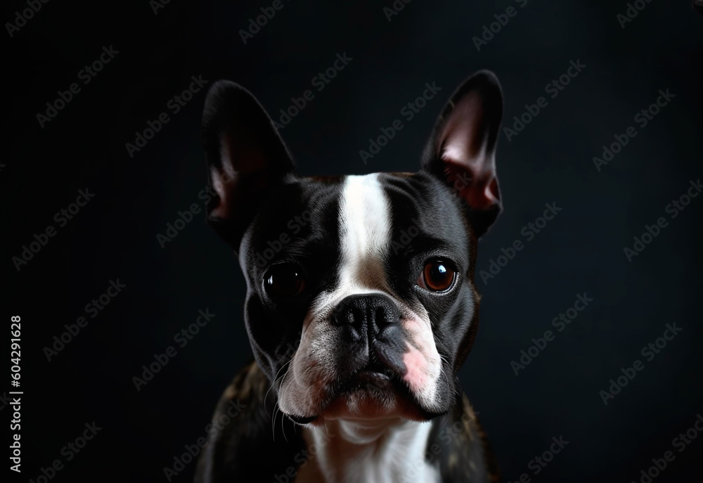 Fototapeta premium Boston Terrier on a black background, isolated, low key, central composition. Generative AI