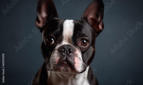 Boston Terrier on a black background, isolated, low key, central composition. Generative AI © Мария Кривецкая