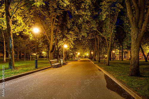 Pedestrian alley in the city park. Lanterns and benches. Flowering chestnuts.