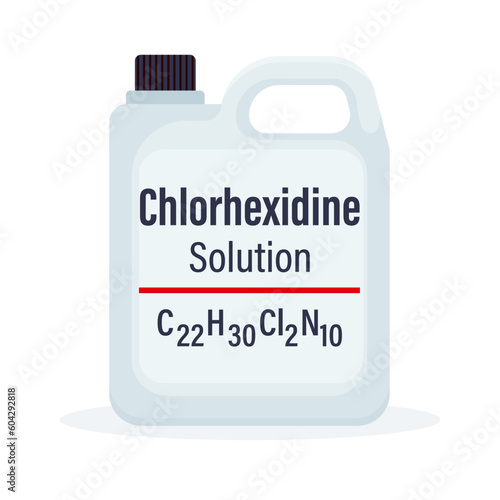 Chlorhexidine solution in big white plastic bottle with formula vector illustration isolated on white background