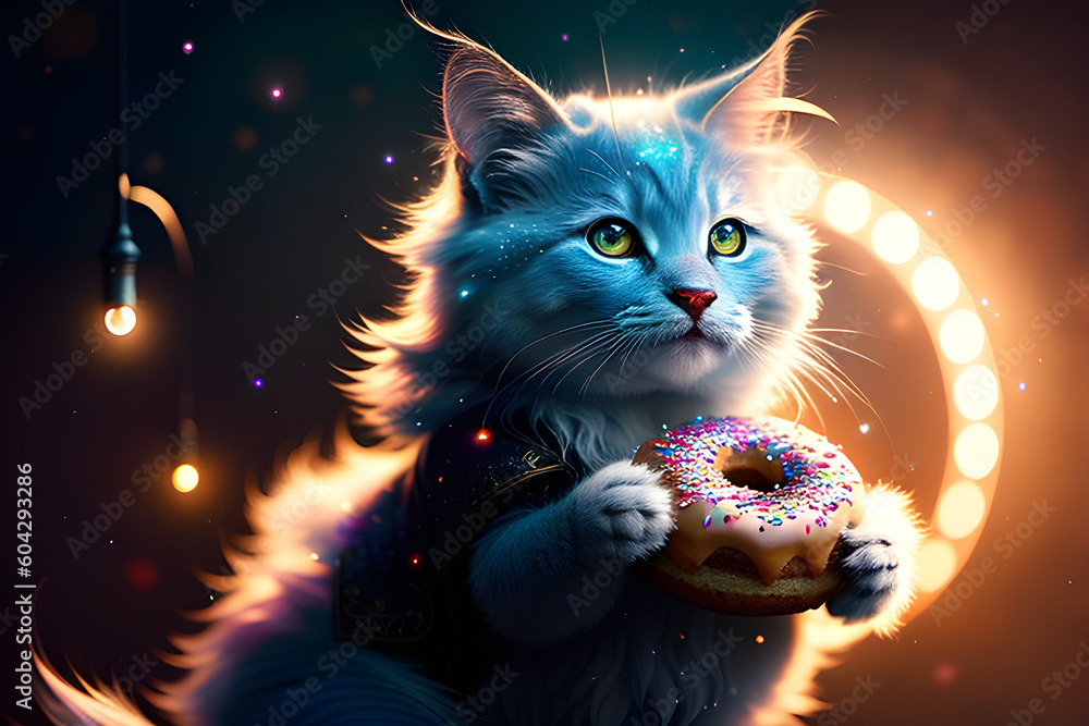 ai-generated, illustration of a fantastical cat holding a donut