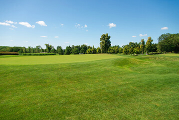 Lush green grass meadow background under the blue sky, grass texture. Beautiful morning light in public park with green grass field an.	