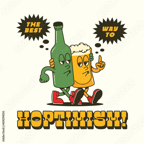 VINTAGE MASCOT CARTOON BEER GLASS AND BOTTLE