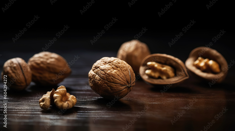 Walnuts with and without shells filling the view on dark background. Top view of fresh walnuts. Generative AI Walnuts with and without shells filling the view on dark background. Top view of fresh walnuts. Generative AI
