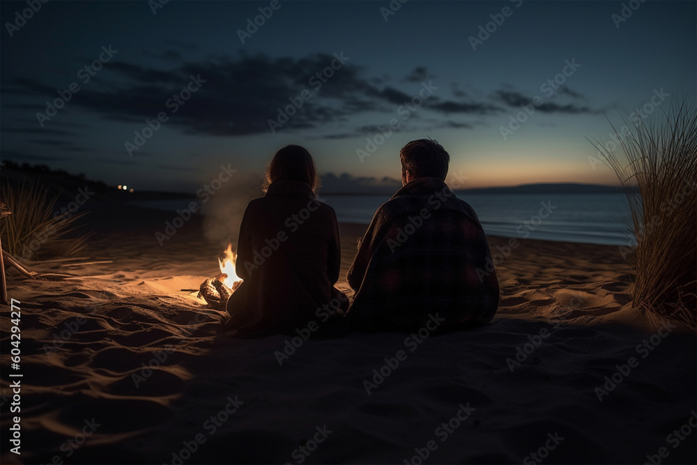 Lovers couple sitting around a campfire on a beach.Back view.Created with generative ai Lovers couple sitting around a campfire on a beach.Back view.Created with generative ai