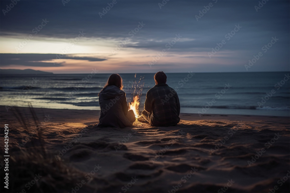 Lovers couple sitting around a campfire on a beach.Back view.Created with generative ai Lovers couple sitting around a campfire on a beach.Back view.Created with generative ai
