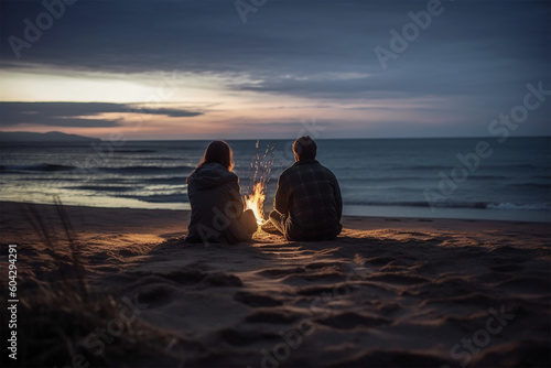Lovers couple sitting around a campfire on a beach.Back view.Created with generative ai