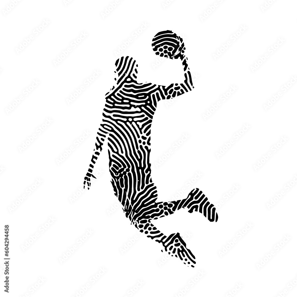 A visually striking scene captures the essence of basketball as a brushstroke graphic silhouette portrays a player soaring through the air, ready to slam dunk with impressive athleticism and skill.