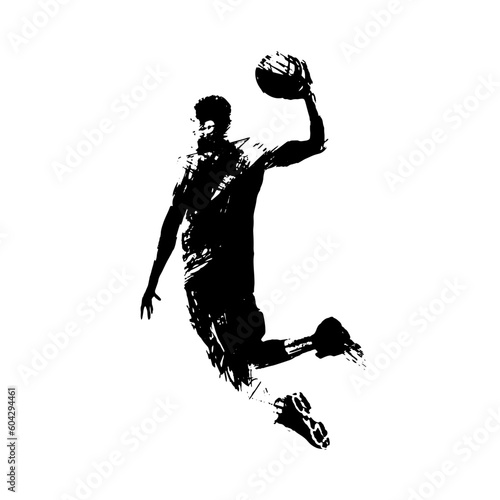 Fototapeta Naklejka Na Ścianę i Meble -  A visually striking scene captures the essence of basketball as a brushstroke graphic silhouette portrays a player soaring through the air, ready to slam dunk with impressive athleticism and skill.