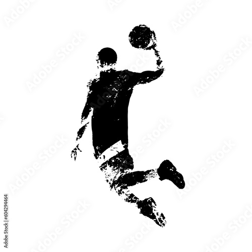 A visually striking scene captures the essence of basketball as a brushstroke graphic silhouette portrays a player soaring through the air, ready to slam dunk with impressive athleticism and skill.