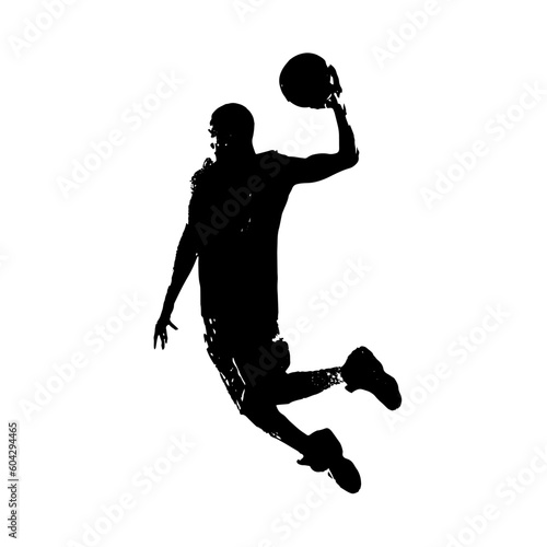 A visually striking scene captures the essence of basketball as a brushstroke graphic silhouette portrays a player soaring through the air, ready to slam dunk with impressive athleticism and skill.