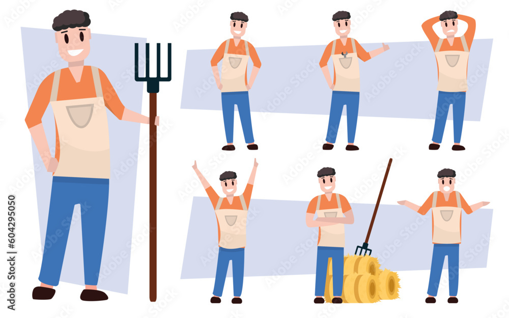 farmers, male rural characters in different poses. agricultural worker, handyman, collective farmer, villager. vector simple cartoon characters.
