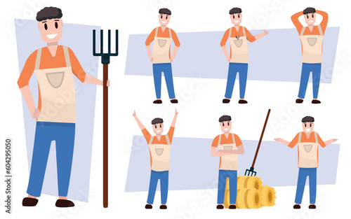 farmers  male rural characters in different poses. agricultural worker  handyman  collective farmer  villager. vector simple cartoon characters.
