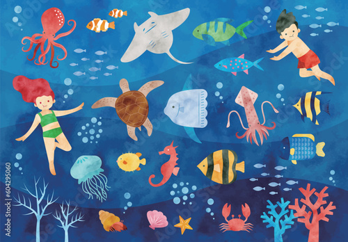 水彩の海の生物イラストセット