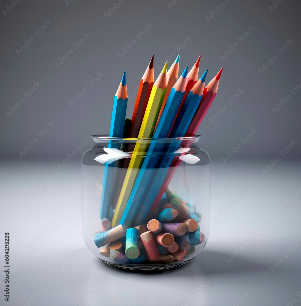 Fototapeta premium bright colored pencils in a transparent vase on a light gray background