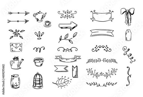 Simple sketch line style elements. Doodle cute ink pen line vintage elements isolated on white background. Doodle arrows, bow, garden tools, floral elements, leaves